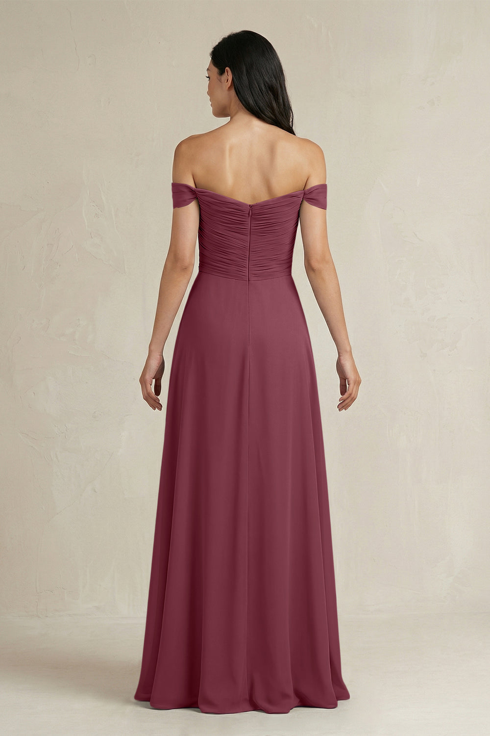 A-Line Pleated Off-the-Shoulder Chiffon Bridesmaid Dress in Desert Rose