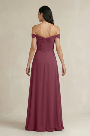 A-Line Pleated Off-the-Shoulder Chiffon Bridesmaid Dress in Desert Rose (2) | KISSBRIDAL