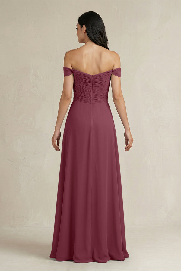 A-Line Pleated Off-the-Shoulder Chiffon Bridesmaid Dress in Desert Rose (2) | KISSBRIDAL