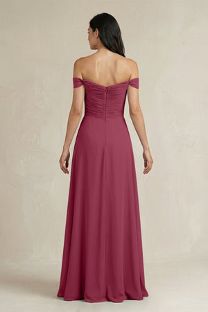 A - Line Pleated Off - the - Shoulder Chiffon Bridesmaid Dress in Desert Rose - KISS BRIDAL Bridesmaid Dresses