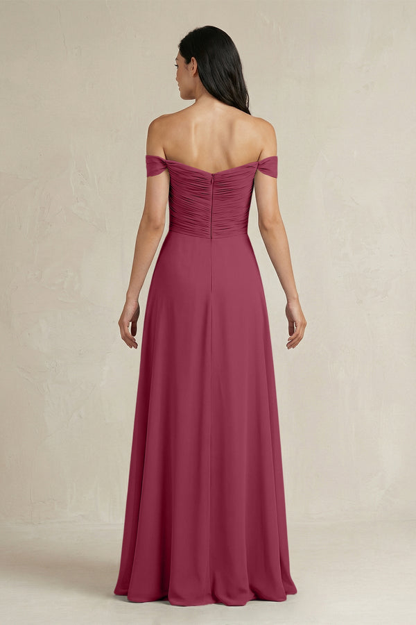 A - Line Pleated Off - the - Shoulder Chiffon Bridesmaid Dress in Desert Rose - KISS BRIDAL Bridesmaid Dresses