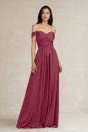 A - Line Pleated Off - the - Shoulder Chiffon Bridesmaid Dress in Desert Rose - KISS BRIDAL Bridesmaid Dresses