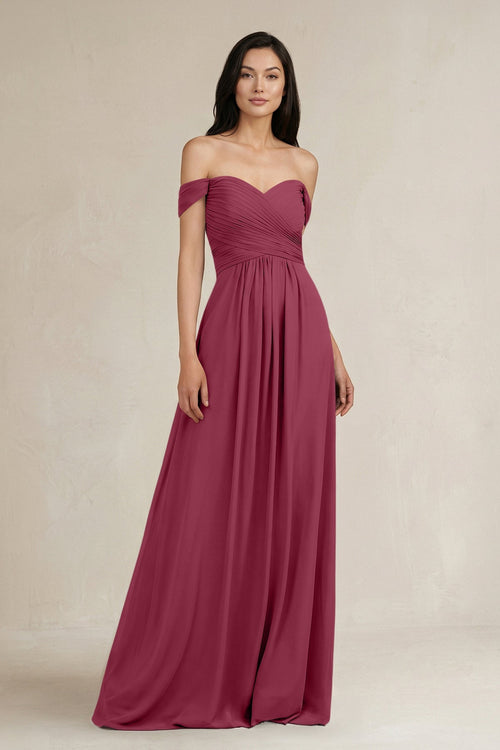 A - Line Pleated Off - the - Shoulder Chiffon Bridesmaid Dress in Desert Rose - KISS BRIDAL Bridesmaid Dresses
