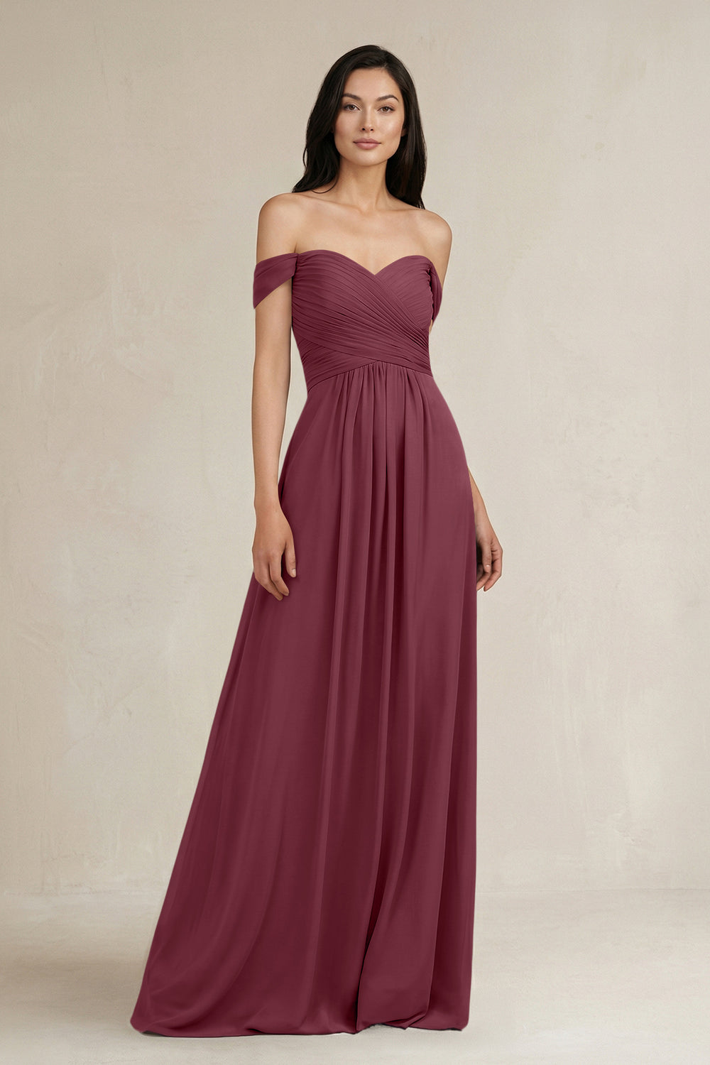 A-Line Pleated Off-the-Shoulder Chiffon Bridesmaid Dress in Desert Rose