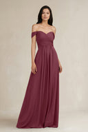 A-Line Pleated Off-the-Shoulder Chiffon Bridesmaid Dress in Desert Rose | KISSBRIDAL