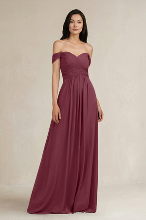 A-Line Pleated Off-the-Shoulder Chiffon Bridesmaid Dress in Desert Rose | KISSBRIDAL
