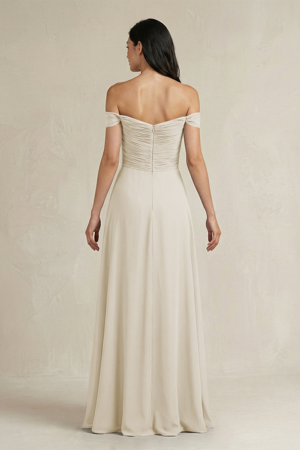 A - Line Pleated Off - the - Shoulder Chiffon Bridesmaid Dress in Dove Gray - KISS BRIDAL Bridesmaid Dresses