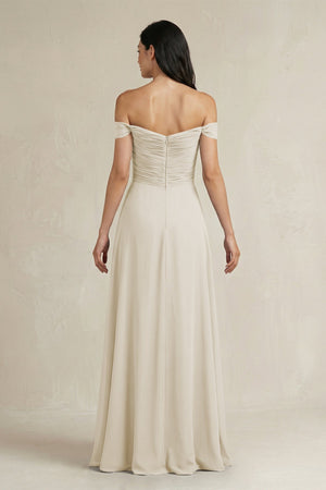 A - Line Pleated Off - the - Shoulder Chiffon Bridesmaid Dress in Dove Gray - KISS BRIDAL Bridesmaid Dresses