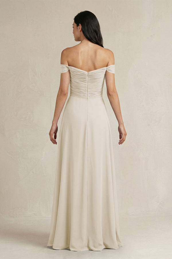 A - Line Pleated Off - the - Shoulder Chiffon Bridesmaid Dress in Dove Gray - KISS BRIDAL Bridesmaid Dresses