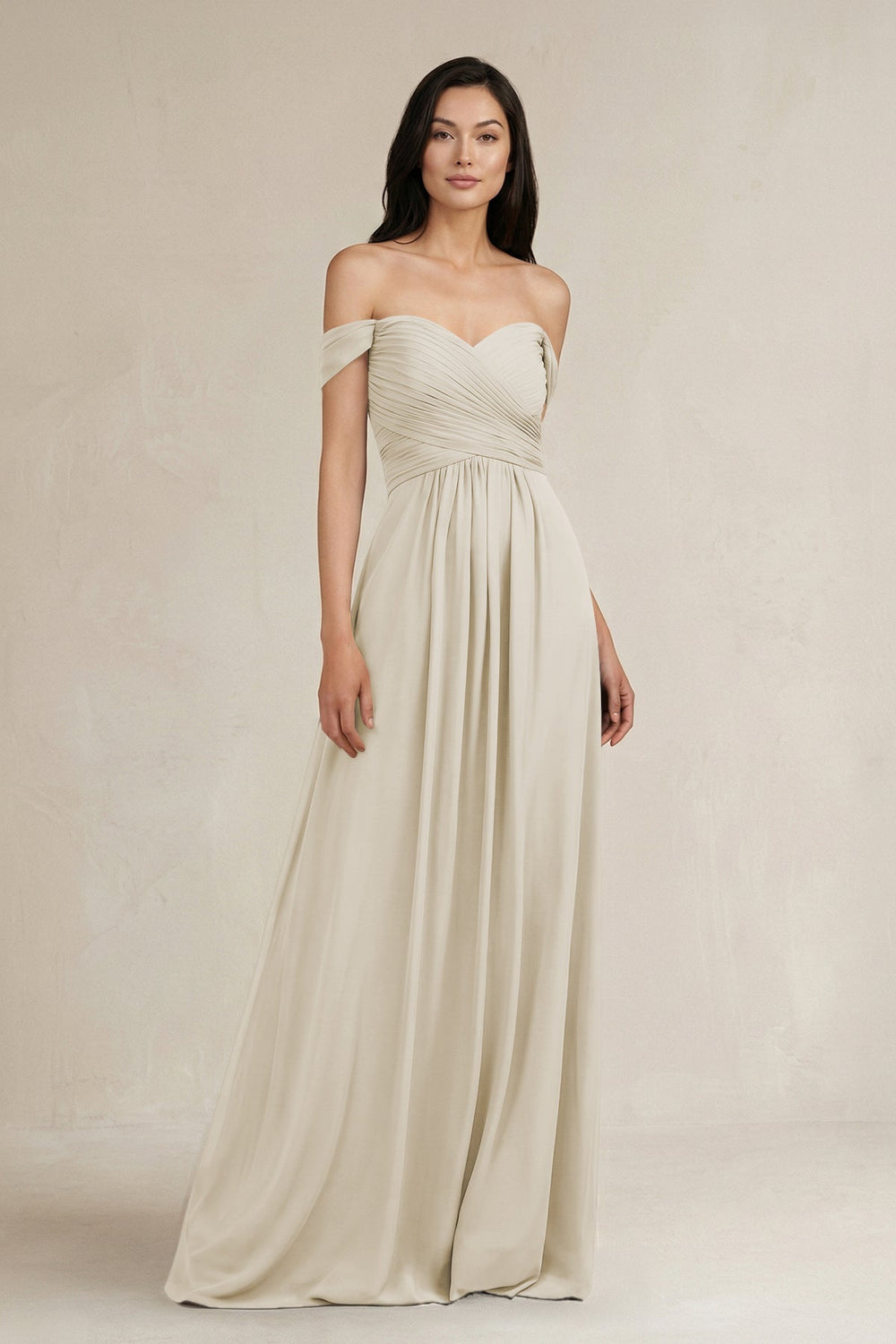 A - Line Pleated Off - the - Shoulder Chiffon Bridesmaid Dress in Dove Gray - KISS BRIDAL Bridesmaid Dresses