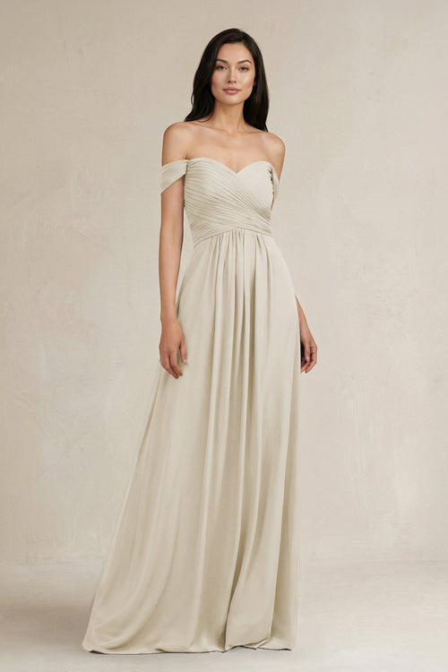 A - Line Pleated Off - the - Shoulder Chiffon Bridesmaid Dress in Dove Gray - KISS BRIDAL Bridesmaid Dresses
