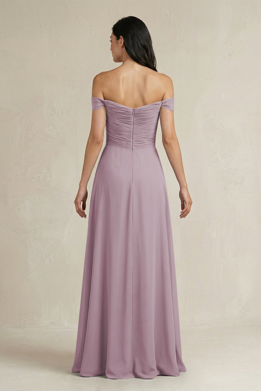A - Line Pleated Off - the - Shoulder Chiffon Bridesmaid Dress in Dusk - KISS BRIDAL Bridesmaid Dresses