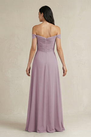 A - Line Pleated Off - the - Shoulder Chiffon Bridesmaid Dress in Dusk - KISS BRIDAL Bridesmaid Dresses