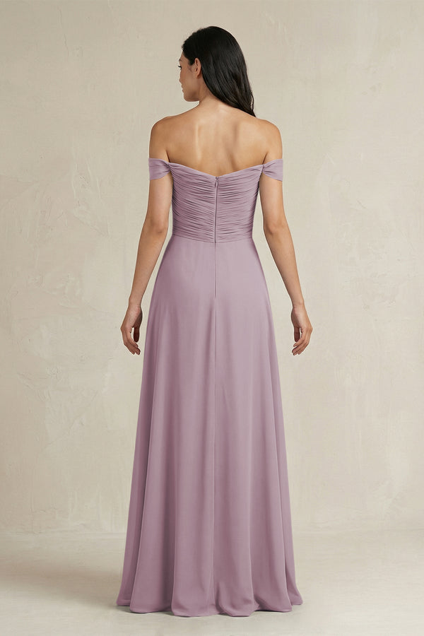 A - Line Pleated Off - the - Shoulder Chiffon Bridesmaid Dress in Dusk - KISS BRIDAL Bridesmaid Dresses