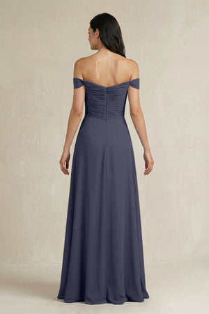 A - Line Pleated Off - the - Shoulder Chiffon Bridesmaid Dress in Dusk Blue - KISS BRIDAL Bridesmaid Dresses