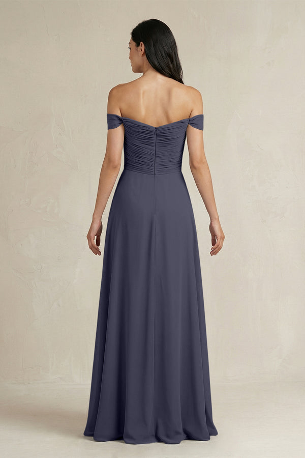 A - Line Pleated Off - the - Shoulder Chiffon Bridesmaid Dress in Dusk Blue - KISS BRIDAL Bridesmaid Dresses