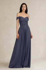 A - Line Pleated Off - the - Shoulder Chiffon Bridesmaid Dress in Dusk Blue - KISS BRIDAL Bridesmaid Dresses