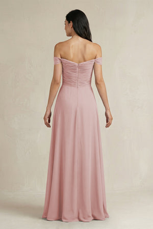 A - Line Pleated Off - the - Shoulder Chiffon Bridesmaid Dress in Dusty Rose - KISS BRIDAL Bridesmaid Dresses