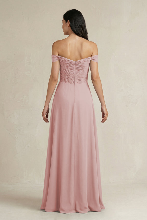 A - Line Pleated Off - the - Shoulder Chiffon Bridesmaid Dress in Dusty Rose - KISS BRIDAL Bridesmaid Dresses