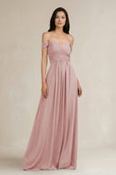 A - Line Pleated Off - the - Shoulder Chiffon Bridesmaid Dress in Dusty Rose - KISS BRIDAL Bridesmaid Dresses
