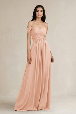 A - Line Pleated Off - the - Shoulder Chiffon Bridesmaid Dress in English Rose - KISS BRIDAL Bridesmaid Dresses