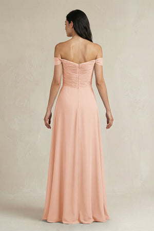 A - Line Pleated Off - the - Shoulder Chiffon Bridesmaid Dress in English Rose - KISS BRIDAL Bridesmaid Dresses
