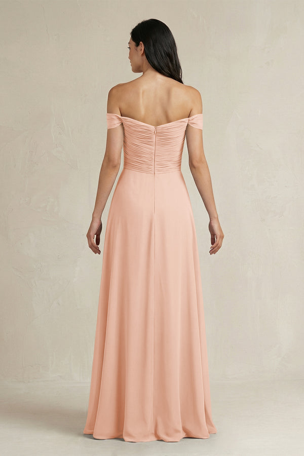 A - Line Pleated Off - the - Shoulder Chiffon Bridesmaid Dress in English Rose - KISS BRIDAL Bridesmaid Dresses