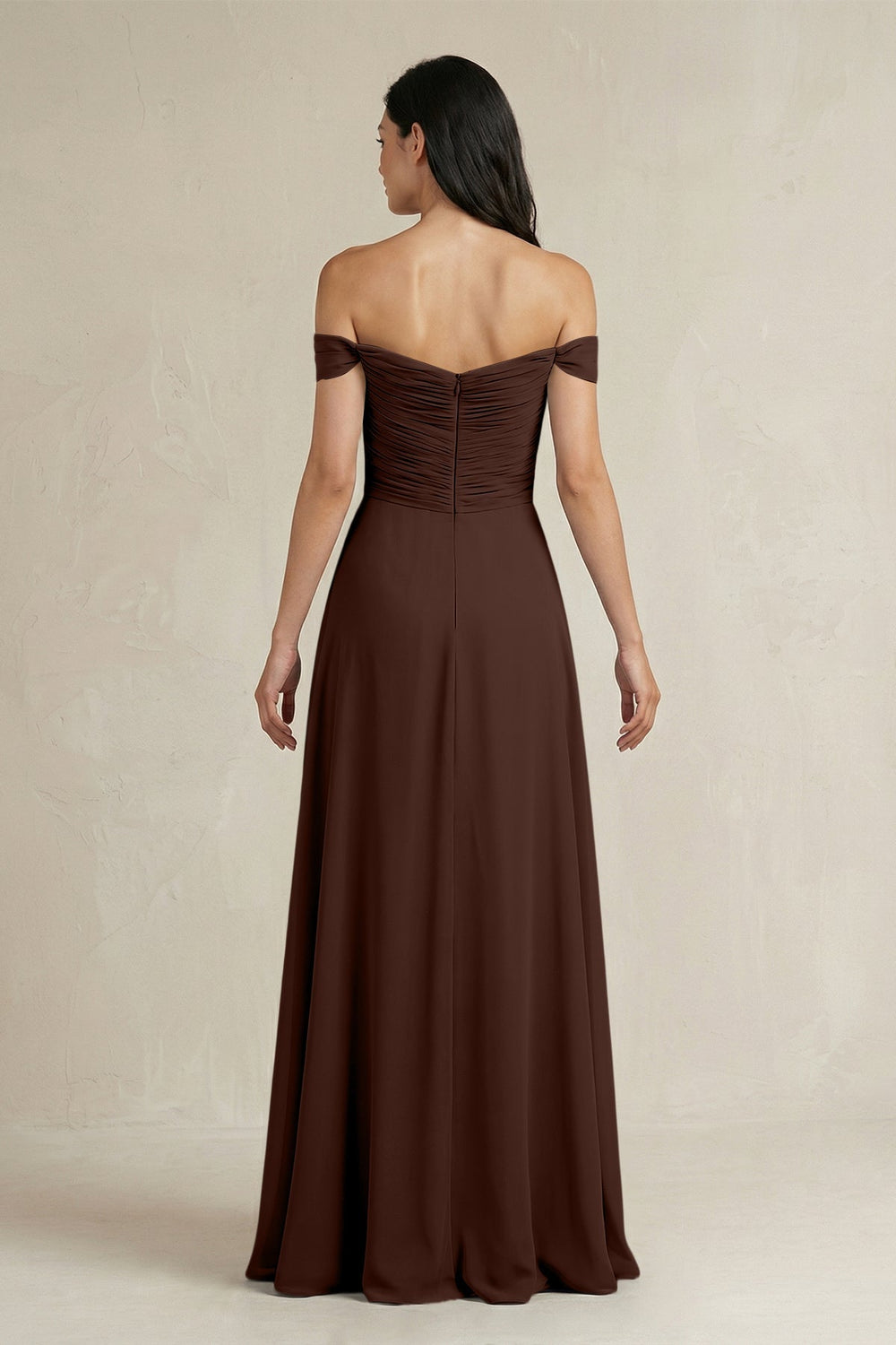 A - Line Pleated Off - the - Shoulder Chiffon Bridesmaid Dress in Espresso - KISS BRIDAL Bridesmaid Dresses
