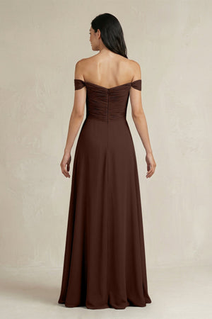 A - Line Pleated Off - the - Shoulder Chiffon Bridesmaid Dress in Espresso - KISS BRIDAL Bridesmaid Dresses