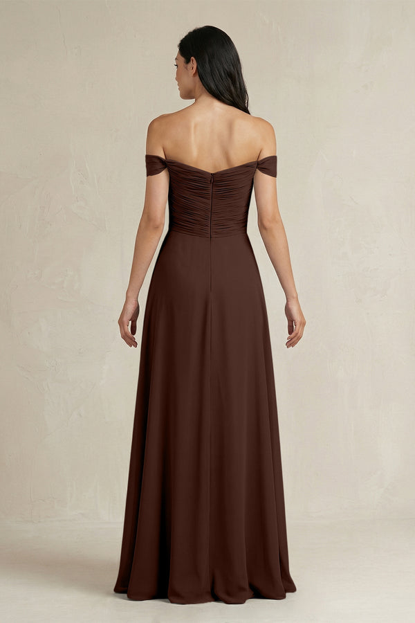 A - Line Pleated Off - the - Shoulder Chiffon Bridesmaid Dress in Espresso - KISS BRIDAL Bridesmaid Dresses