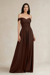 A - Line Pleated Off - the - Shoulder Chiffon Bridesmaid Dress in Espresso - KISS BRIDAL Bridesmaid Dresses