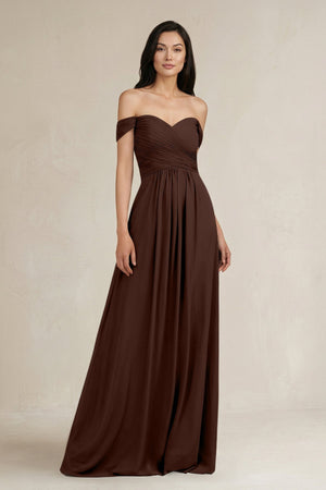 A - Line Pleated Off - the - Shoulder Chiffon Bridesmaid Dress in Espresso - KISS BRIDAL Bridesmaid Dresses