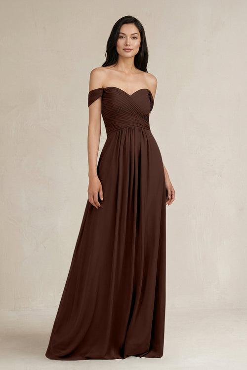 A - Line Pleated Off - the - Shoulder Chiffon Bridesmaid Dress in Espresso - KISS BRIDAL Bridesmaid Dresses