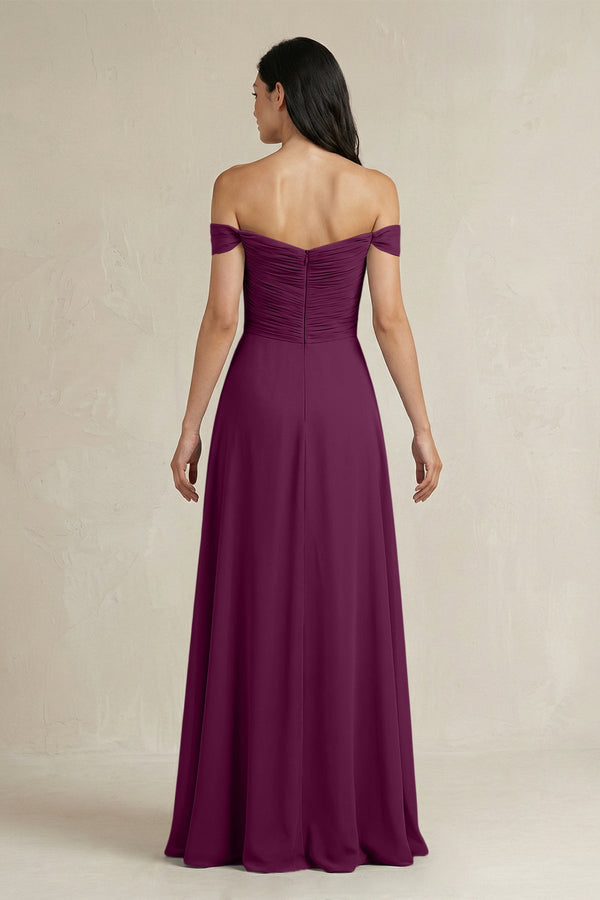 A - Line Pleated Off - the - Shoulder Chiffon Bridesmaid Dress in Fig - KISS BRIDAL Bridesmaid Dresses