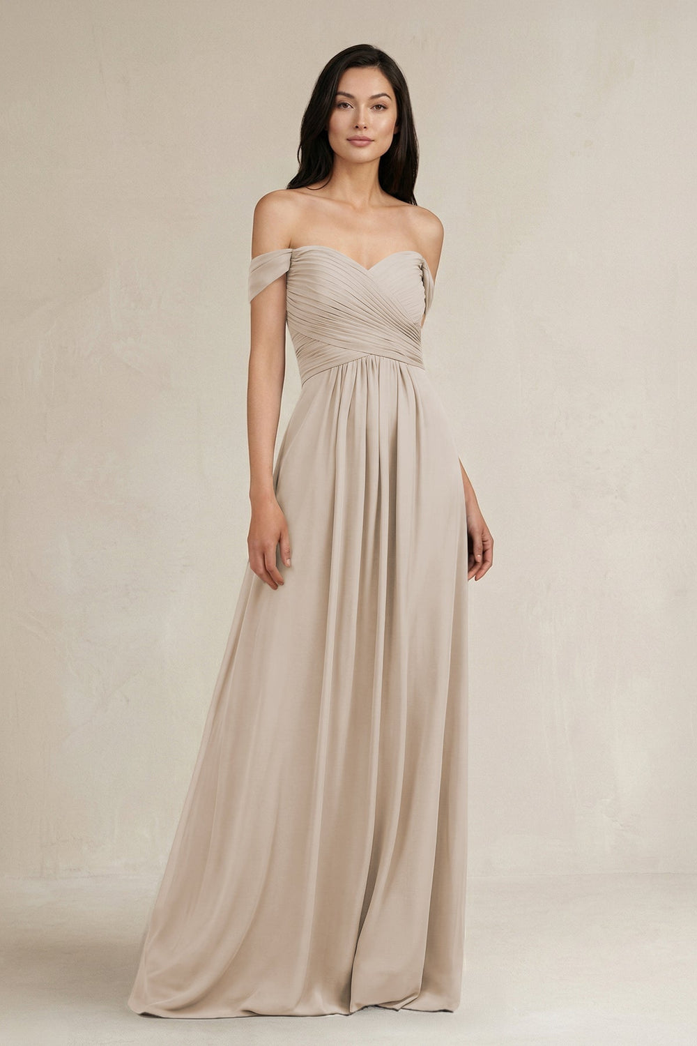 A - Line Pleated Off - the - Shoulder Chiffon Bridesmaid Dress in Frost - KISS BRIDAL Bridesmaid Dresses