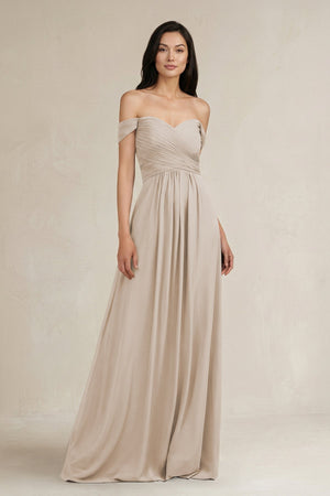 A - Line Pleated Off - the - Shoulder Chiffon Bridesmaid Dress in Frost - KISS BRIDAL Bridesmaid Dresses