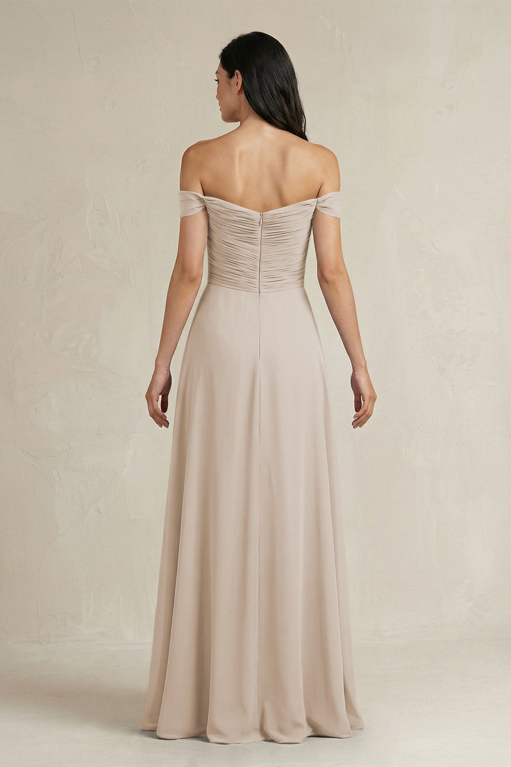 A - Line Pleated Off - the - Shoulder Chiffon Bridesmaid Dress in Frost - KISS BRIDAL Bridesmaid Dresses