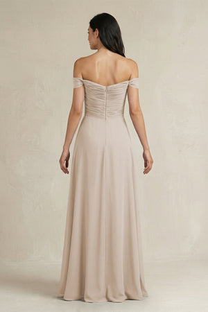 A - Line Pleated Off - the - Shoulder Chiffon Bridesmaid Dress in Frost - KISS BRIDAL Bridesmaid Dresses