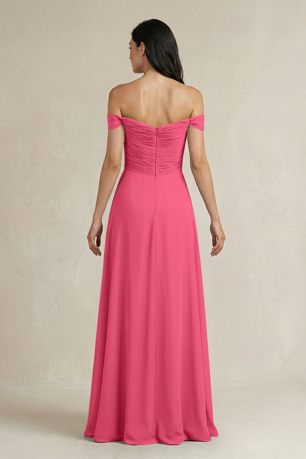 A - Line Pleated Off - the - Shoulder Chiffon Bridesmaid Dress in Fuchsia - SHE IS ME Bridesmaid Dresses