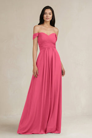 A - Line Pleated Off - the - Shoulder Chiffon Bridesmaid Dress in Fuchsia - SHE IS ME Bridesmaid Dresses