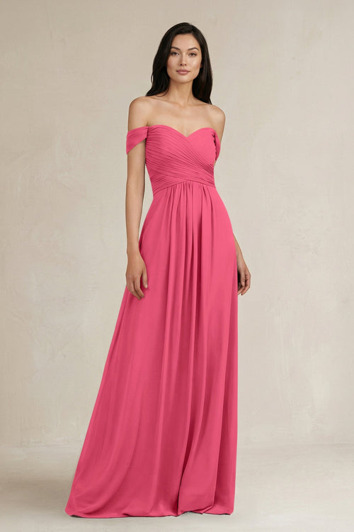 A - Line Pleated Off - the - Shoulder Chiffon Bridesmaid Dress in Fuchsia - SHE IS ME Bridesmaid Dresses