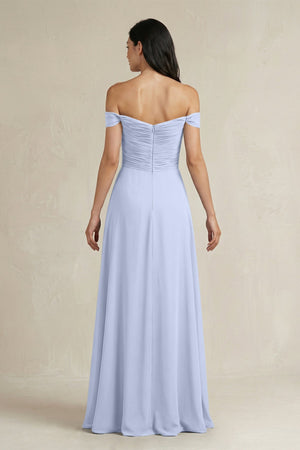 A - Line Pleated Off - the - Shoulder Chiffon Bridesmaid Dress in Ice - KISS BRIDAL Bridesmaid Dresses