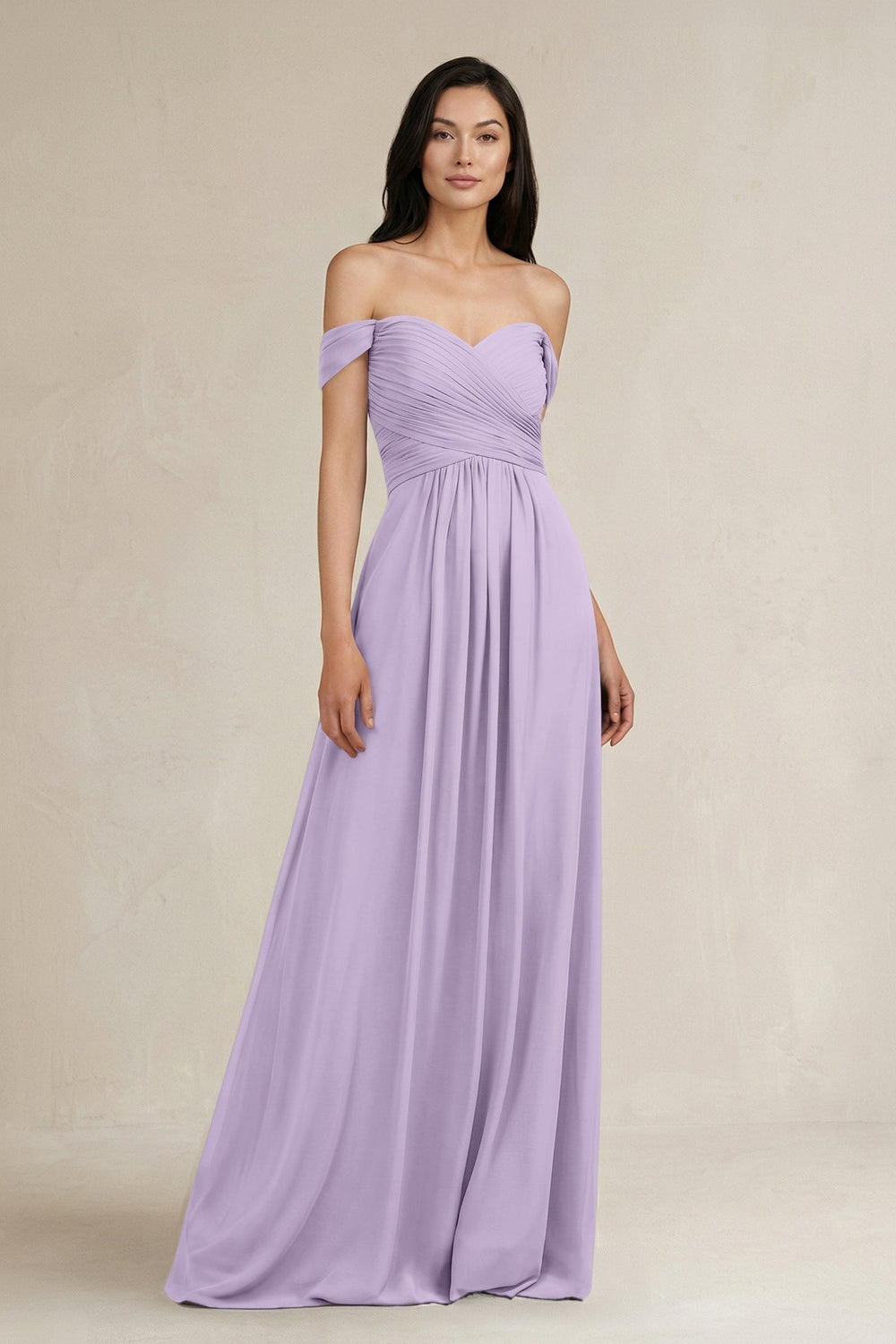 A - Line Pleated Off - the - Shoulder Chiffon Bridesmaid Dress in Lavender - KISS BRIDAL Bridesmaid Dresses