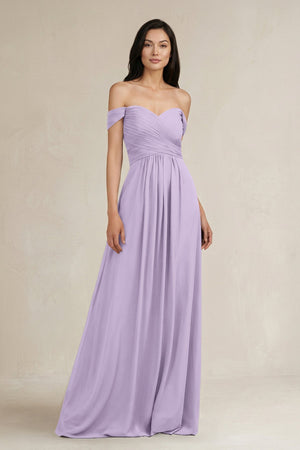 A - Line Pleated Off - the - Shoulder Chiffon Bridesmaid Dress in Lavender - KISS BRIDAL Bridesmaid Dresses