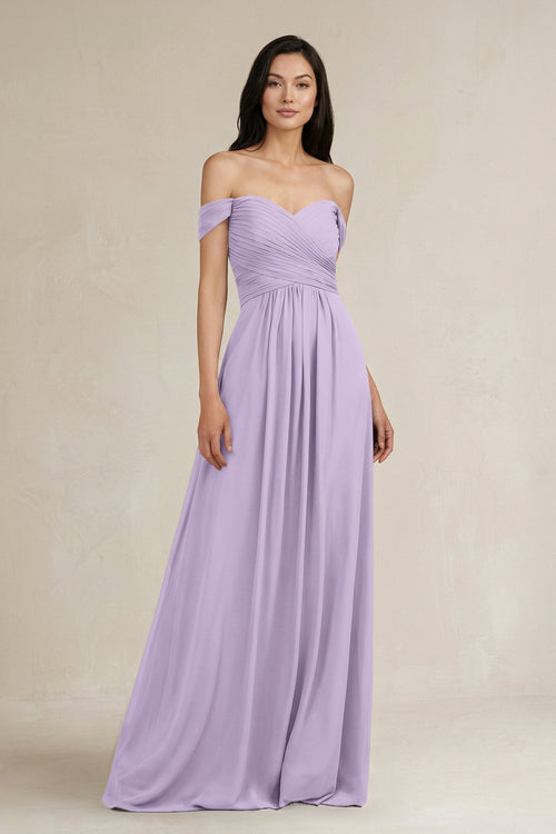A - Line Pleated Off - the - Shoulder Chiffon Bridesmaid Dress in Lavender - KISS BRIDAL Bridesmaid Dresses