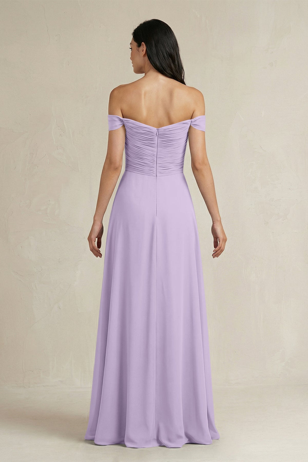 A - Line Pleated Off - the - Shoulder Chiffon Bridesmaid Dress in Lavender - KISS BRIDAL Bridesmaid Dresses