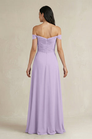 A - Line Pleated Off - the - Shoulder Chiffon Bridesmaid Dress in Lavender - KISS BRIDAL Bridesmaid Dresses