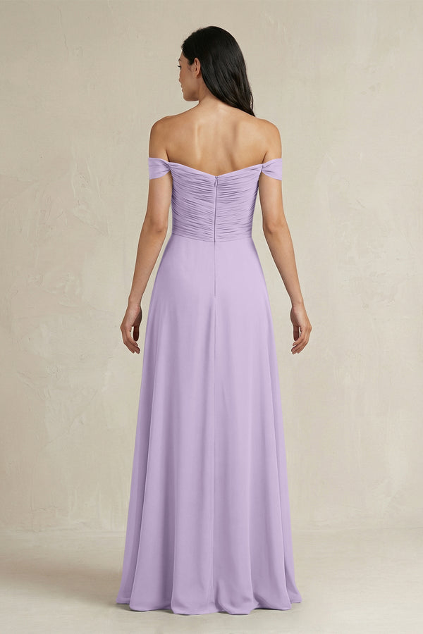 A - Line Pleated Off - the - Shoulder Chiffon Bridesmaid Dress in Lavender - KISS BRIDAL Bridesmaid Dresses