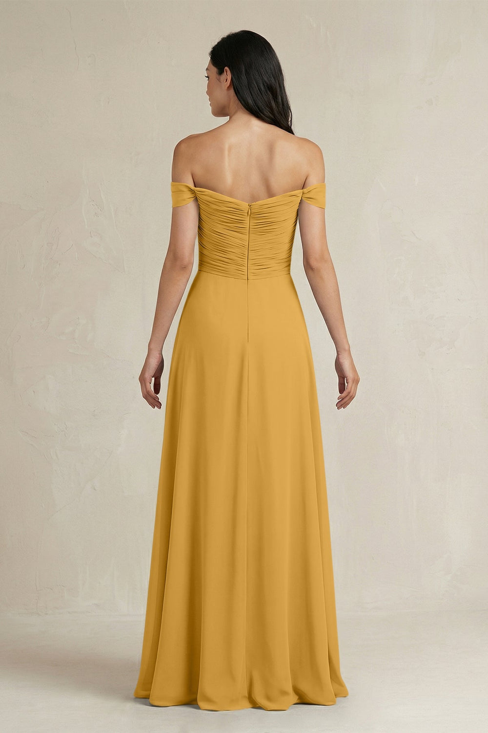 A - Line Pleated Off - the - Shoulder Chiffon Bridesmaid Dress in Marigold - KISS BRIDAL Bridesmaid Dresses