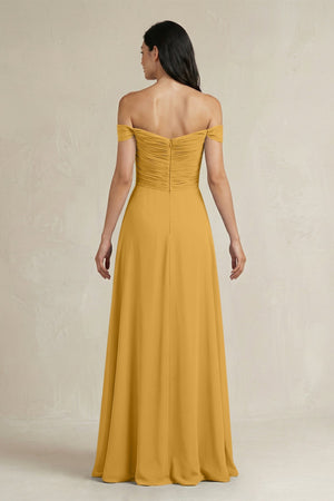 A - Line Pleated Off - the - Shoulder Chiffon Bridesmaid Dress in Marigold - KISS BRIDAL Bridesmaid Dresses